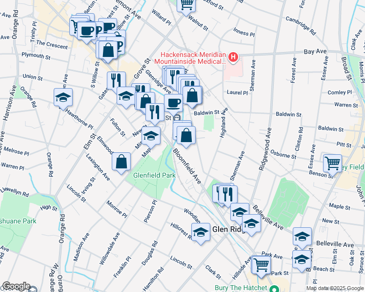 map of restaurants, bars, coffee shops, grocery stores, and more near 17 Bloomfield Avenue in Montclair