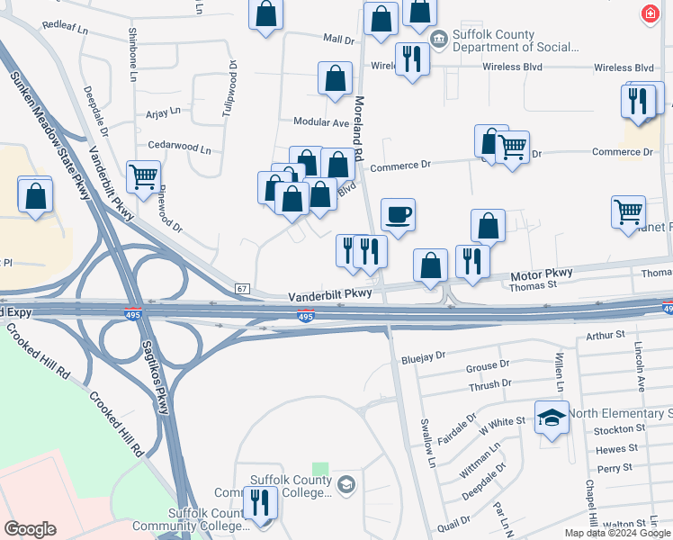 map of restaurants, bars, coffee shops, grocery stores, and more near 60 Vanderbilt Motor Parkway in Commack
