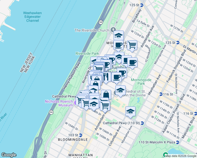 map of restaurants, bars, coffee shops, grocery stores, and more near 615 West 113th Street in New York