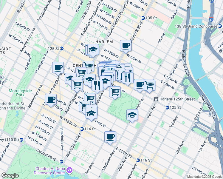 map of restaurants, bars, coffee shops, grocery stores, and more near 15 West 123rd Street in New York