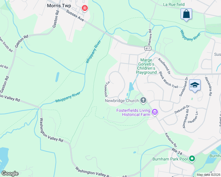 map of restaurants, bars, coffee shops, grocery stores, and more near 4 Pioneers Lane in Morristown