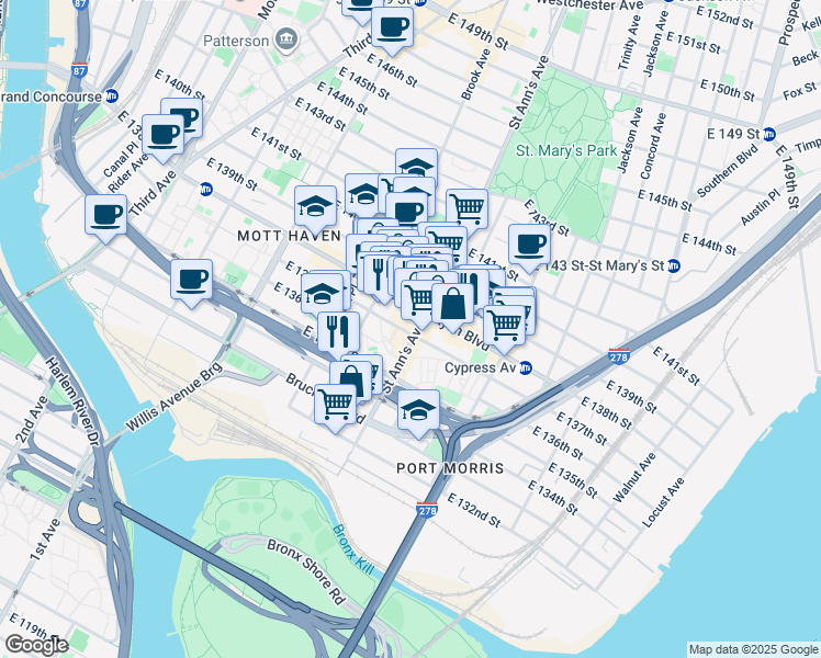 map of restaurants, bars, coffee shops, grocery stores, and more near 201 Saint Ann's Avenue in Bronx