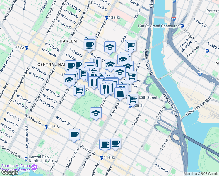 map of restaurants, bars, coffee shops, grocery stores, and more near 40 East 126th Street in New York