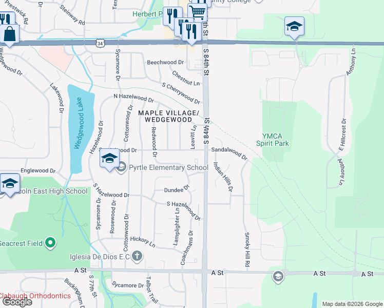 map of restaurants, bars, coffee shops, grocery stores, and more near 8216 Dorset Drive in Lincoln