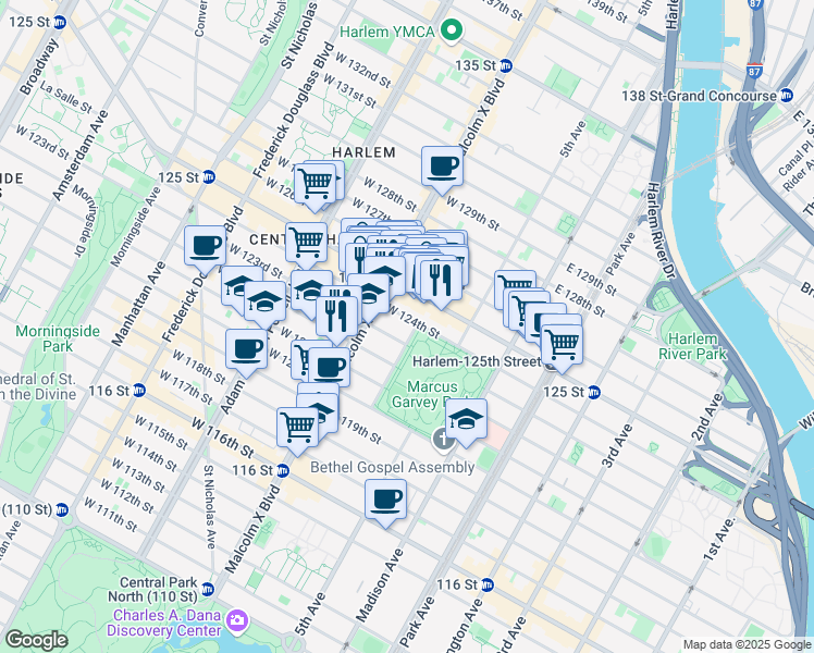 map of restaurants, bars, coffee shops, grocery stores, and more near 35 Mount Morris Park West in New York