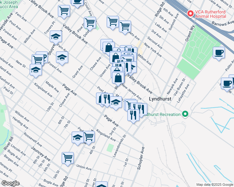 map of restaurants, bars, coffee shops, grocery stores, and more near 607 Marin Avenue in Lyndhurst