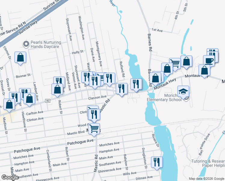 map of restaurants, bars, coffee shops, grocery stores, and more near 1715 Montauk Highway in Mastic