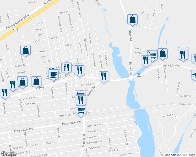 map of restaurants, bars, coffee shops, grocery stores, and more near 1709 Montauk Highway in Mastic