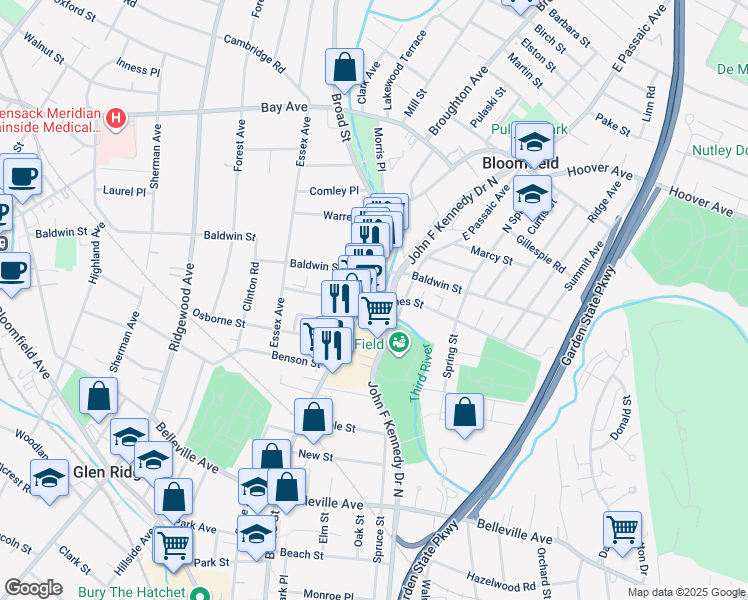 map of restaurants, bars, coffee shops, grocery stores, and more near 369 Broad Street in Bloomfield