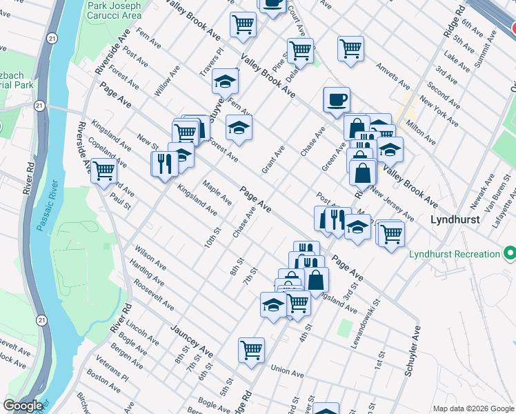 map of restaurants, bars, coffee shops, grocery stores, and more near 436 Page Avenue in Lyndhurst