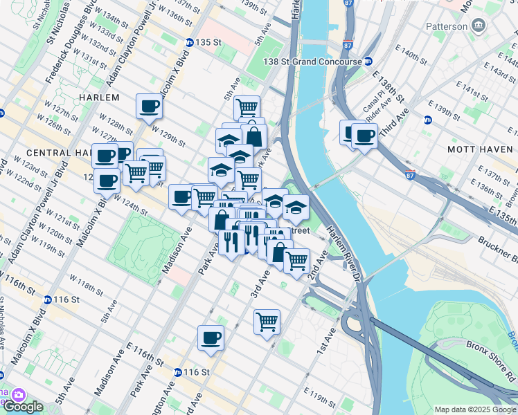 map of restaurants, bars, coffee shops, grocery stores, and more near 112-126 East 128th Street in New York