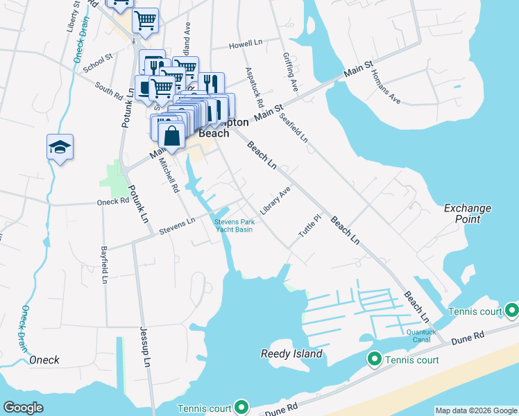 map of restaurants, bars, coffee shops, grocery stores, and more near 1 Library Avenue in Westhampton Beach
