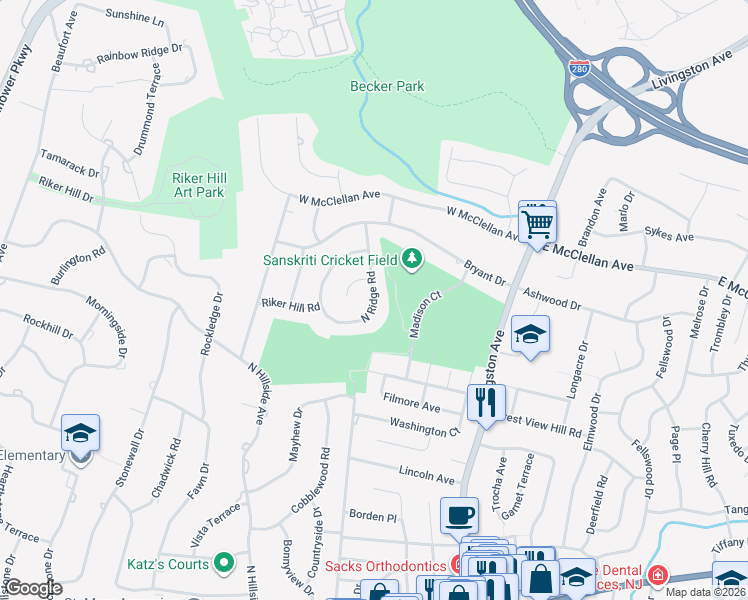 map of restaurants, bars, coffee shops, grocery stores, and more near 25 North Ridge Road in Livingston