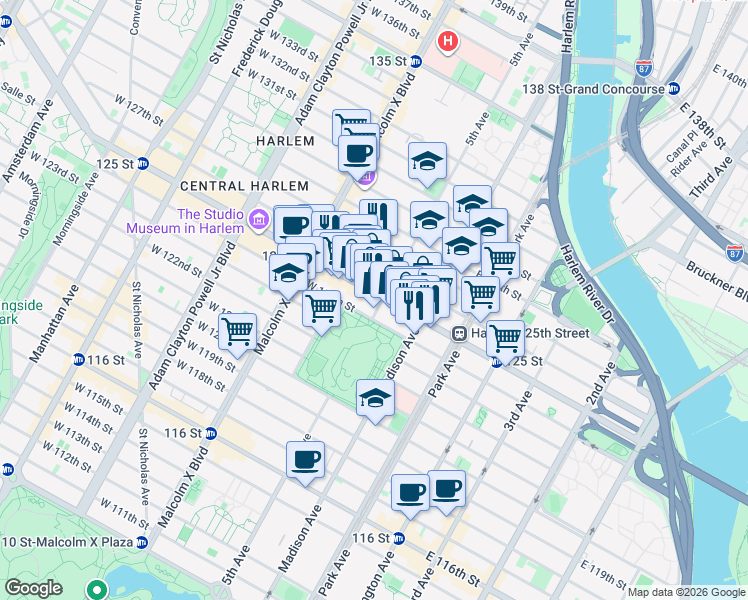 map of restaurants, bars, coffee shops, grocery stores, and more near 2018 5th Avenue in New York