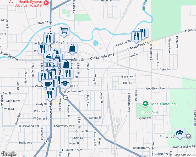 map of restaurants, bars, coffee shops, grocery stores, and more near 617 East Warren Street in Bucyrus