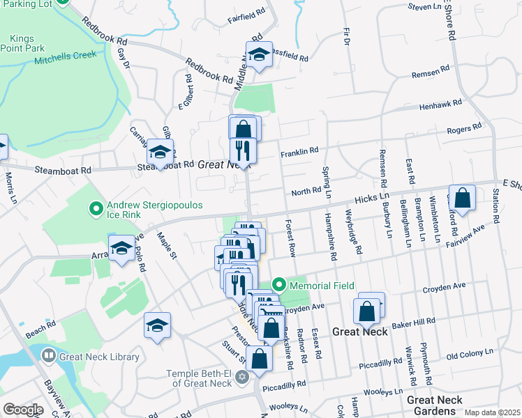 map of restaurants, bars, coffee shops, grocery stores, and more near 16 Hicks Lane in Great Neck