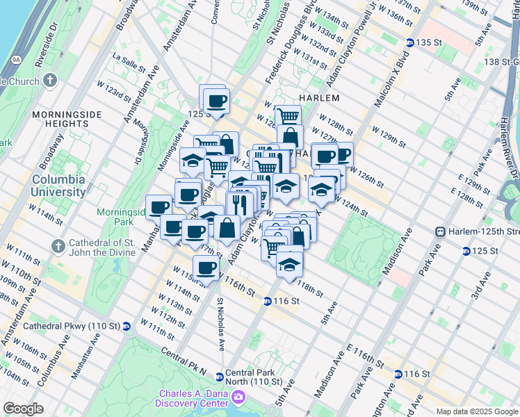 map of restaurants, bars, coffee shops, grocery stores, and more near Adam Clayton Powell Jr Blvd & W 121st St in New York