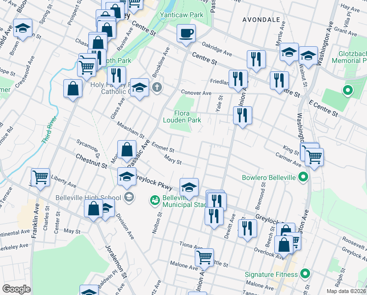 map of restaurants, bars, coffee shops, grocery stores, and more near 55 Emmet Street in Belleville