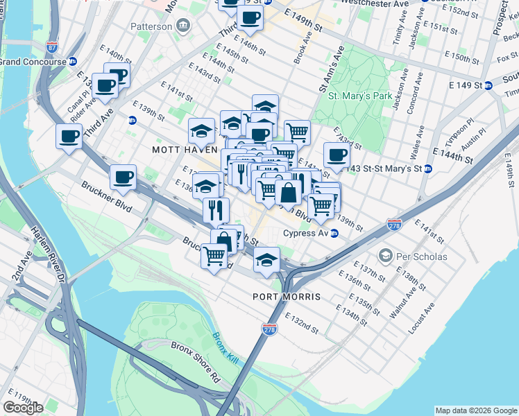 map of restaurants, bars, coffee shops, grocery stores, and more near 201 Saint Ann's Avenue in Bronx