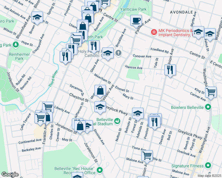map of restaurants, bars, coffee shops, grocery stores, and more near 182 Passaic Avenue in Belleville
