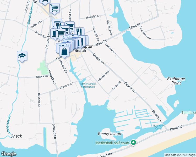 map of restaurants, bars, coffee shops, grocery stores, and more near 58 Library Avenue in Westhampton Beach