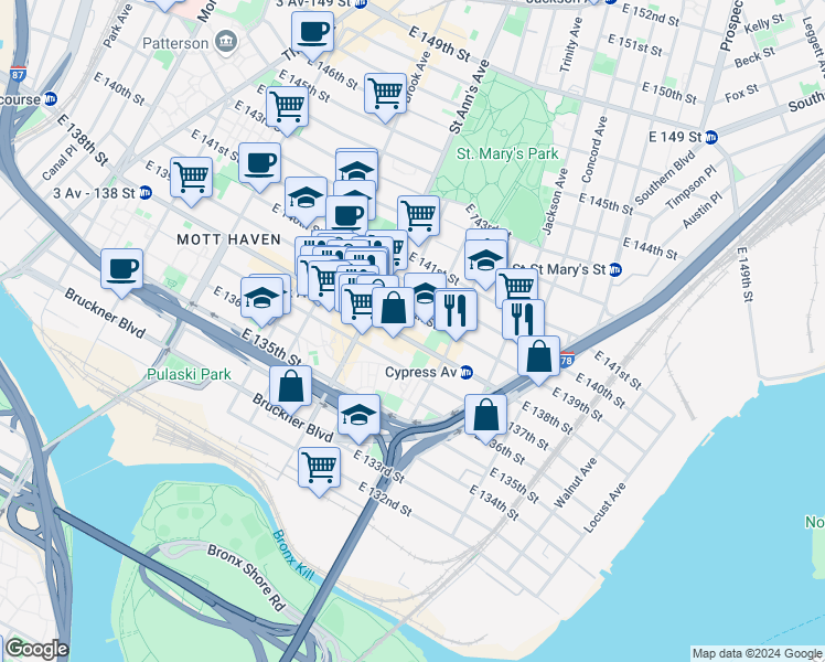 map of restaurants, bars, coffee shops, grocery stores, and more near 622A East 138th Street in Bronx