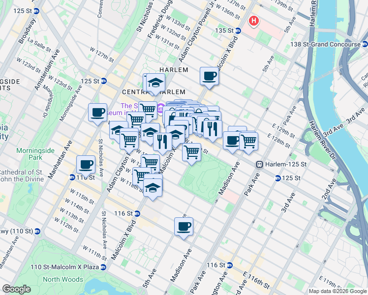 map of restaurants, bars, coffee shops, grocery stores, and more near 10 West 123rd Street in New York