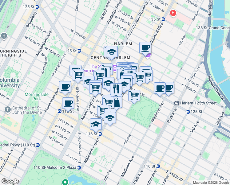 map of restaurants, bars, coffee shops, grocery stores, and more near 241 Lenox Avenue in New York