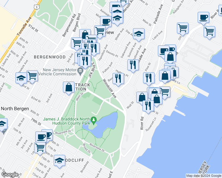 map of restaurants, bars, coffee shops, grocery stores, and more near in North Bergen