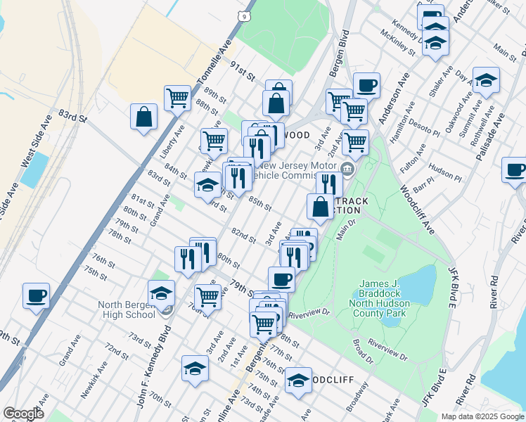 map of restaurants, bars, coffee shops, grocery stores, and more near 8304 5th Avenue in North Bergen