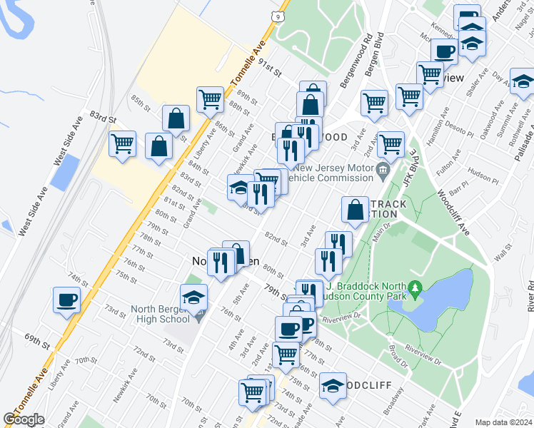 map of restaurants, bars, coffee shops, grocery stores, and more near 8203 B John F. Kennedy Boulevard in North Bergen