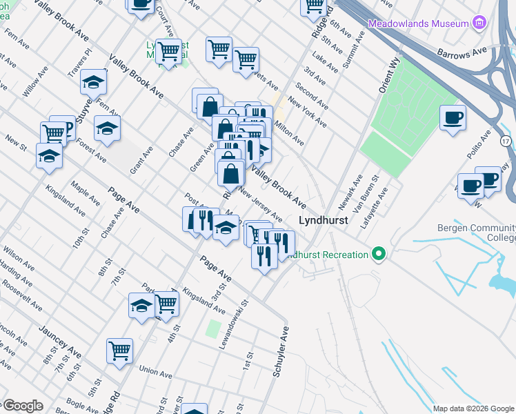 map of restaurants, bars, coffee shops, grocery stores, and more near 353 4th Street in Lyndhurst