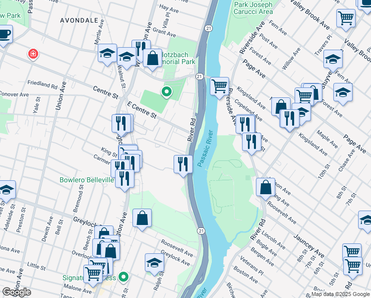 map of restaurants, bars, coffee shops, grocery stores, and more near 82 River Road in Nutley