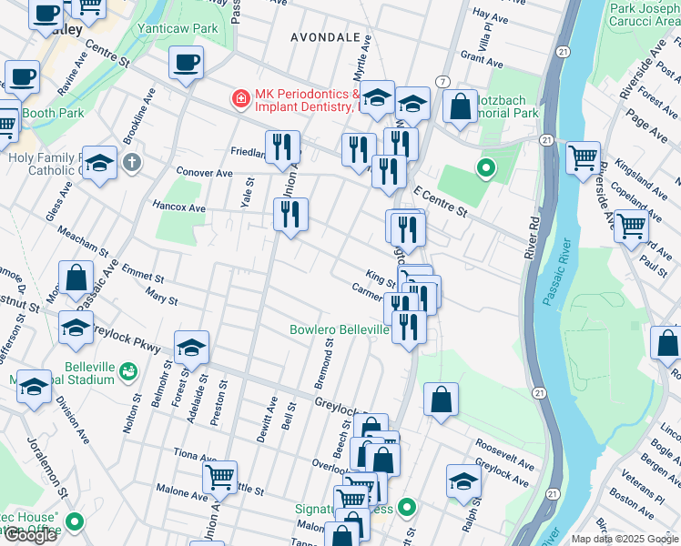 map of restaurants, bars, coffee shops, grocery stores, and more near 79 Carmer Avenue in Belleville