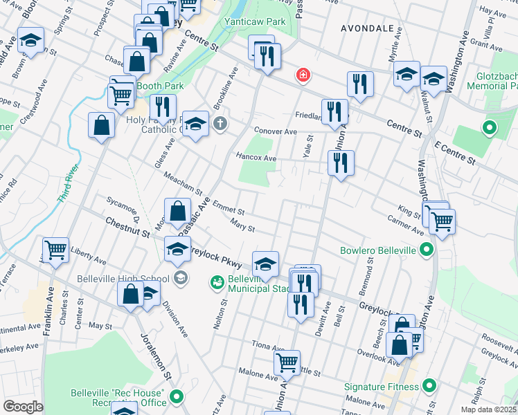 map of restaurants, bars, coffee shops, grocery stores, and more near 55 Emmet Street in Belleville
