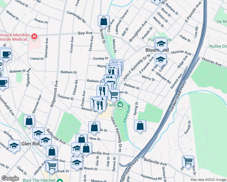 map of restaurants, bars, coffee shops, grocery stores, and more near 369 Broad Street in Bloomfield