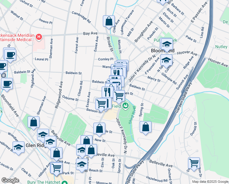 map of restaurants, bars, coffee shops, grocery stores, and more near 369 Broad Street in Bloomfield