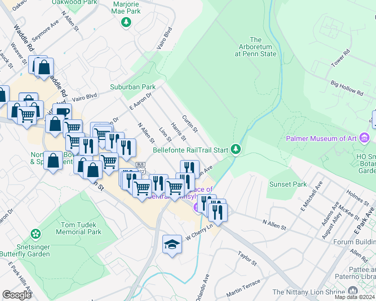 map of restaurants, bars, coffee shops, grocery stores, and more near 1337 Linn Street in State College