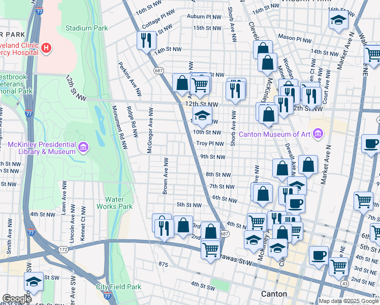 map of restaurants, bars, coffee shops, grocery stores, and more near 835 Fulton Road Northwest in Canton