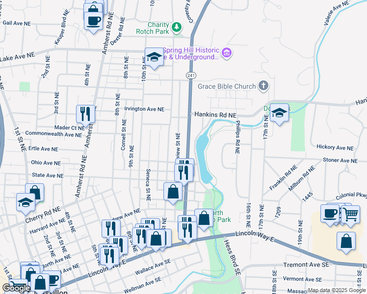 map of restaurants, bars, coffee shops, grocery stores, and more near 870 Parkview Street Northeast in Massillon