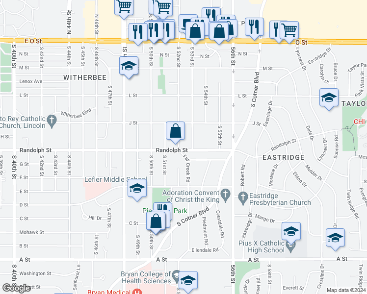map of restaurants, bars, coffee shops, grocery stores, and more near 800 Fall Creek Road in Lincoln