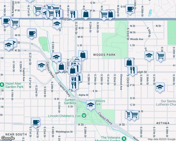 map of restaurants, bars, coffee shops, grocery stores, and more near 2817 Randolph Street in Lincoln