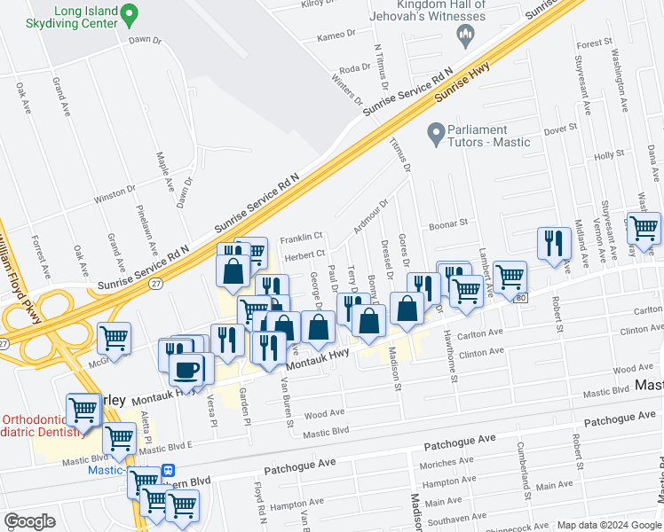 map of restaurants, bars, coffee shops, grocery stores, and more near 33 Paul Drive in Mastic
