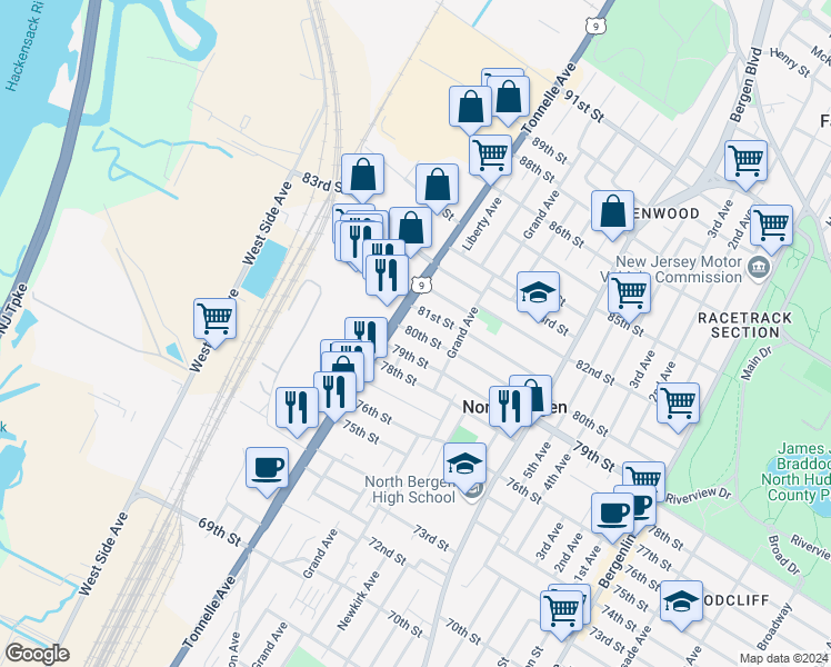 map of restaurants, bars, coffee shops, grocery stores, and more near 1618 80th Street in North Bergen