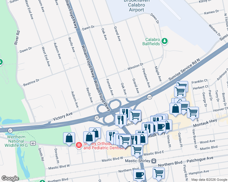 map of restaurants, bars, coffee shops, grocery stores, and more near 48 Forrest Avenue in Shirley