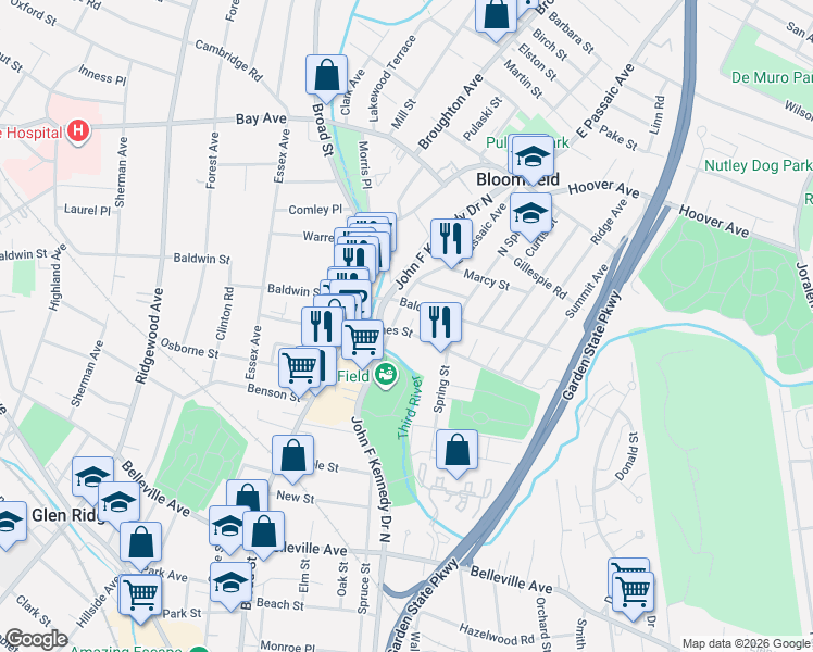 map of restaurants, bars, coffee shops, grocery stores, and more near 27 James Street in Bloomfield