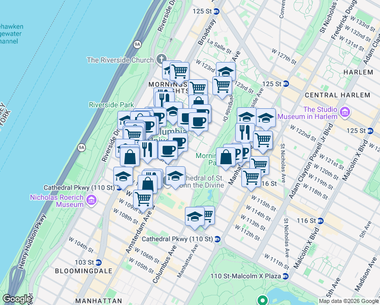 map of restaurants, bars, coffee shops, grocery stores, and more near 440 West 116th Street in New York
