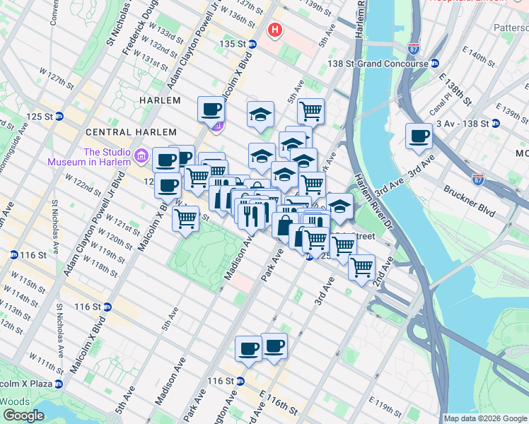 map of restaurants, bars, coffee shops, grocery stores, and more near Madison Ave & E 126th St in New York
