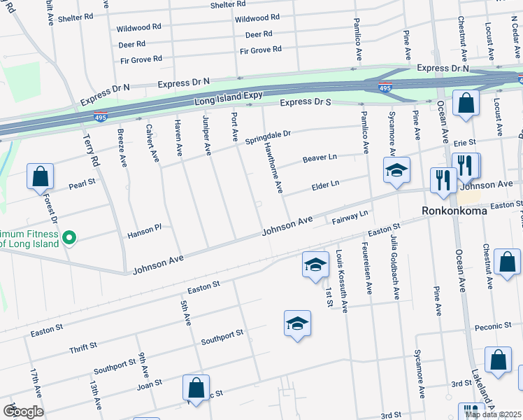 map of restaurants, bars, coffee shops, grocery stores, and more near 15 Port Avenue in Ronkonkoma