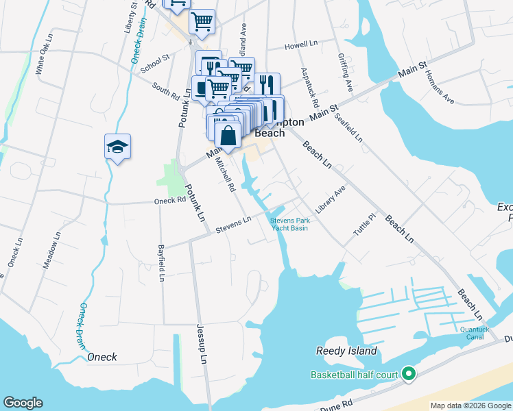 map of restaurants, bars, coffee shops, grocery stores, and more near 65 Stevens Lane in Westhampton Beach